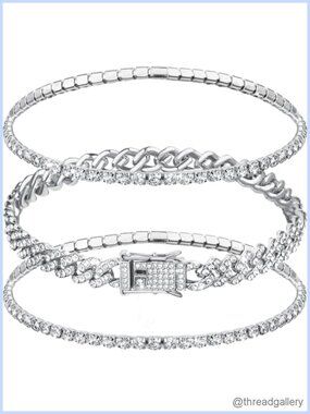 Cuban Link & Tennis Anklets Set of 3 Rhinestone Summer Beach Jewelry